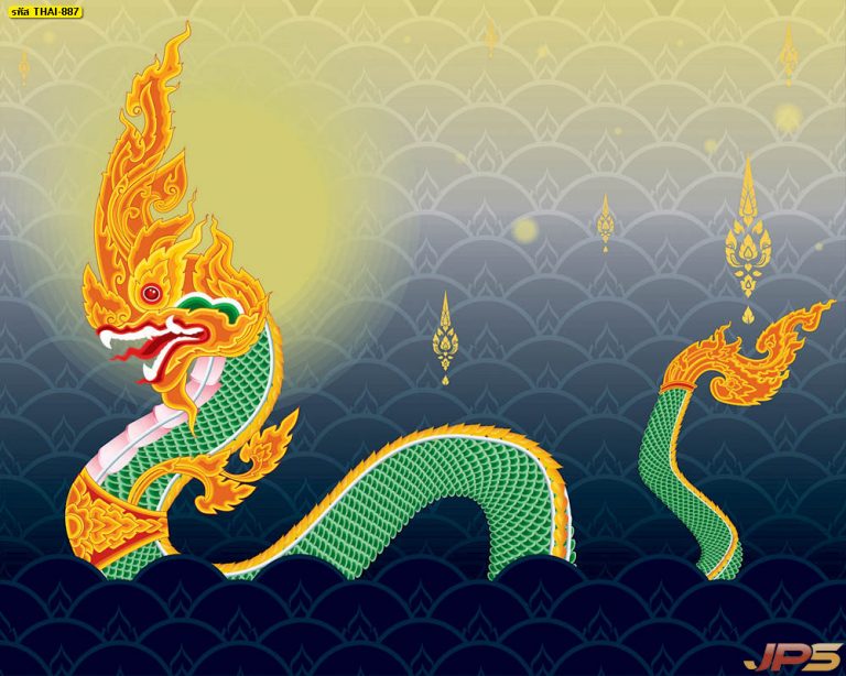 ภาพพิมพ์พญานาคเล่นน้ำ พื้นหลังสีแดง