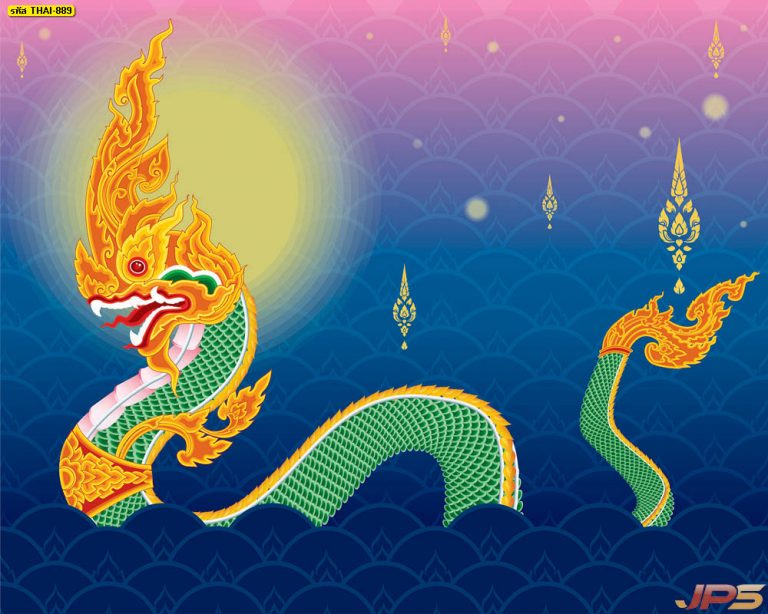 ภาพพิมพ์พญานาคเล่นน้ำ พื้นหลังสีแดง