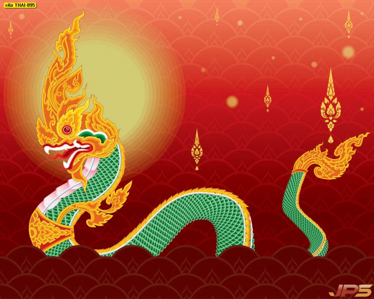 ภาพพิมพ์พญานาคเล่นน้ำ พื้นหลังสีแดง