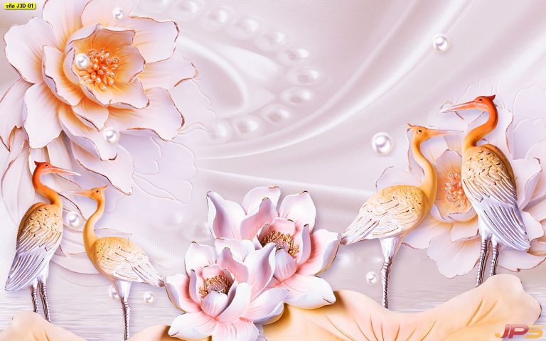 ลายนกสีส้ม พื้นหลังสีชมพูอ่อน