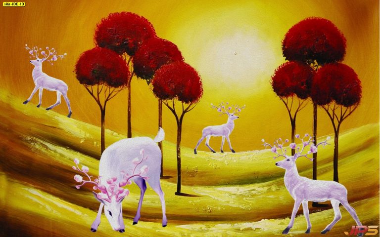 ภาพกวางสี่ตัว พื้นหลังสีทอง