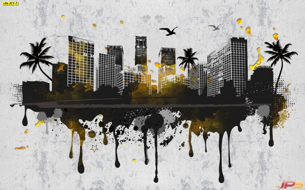 ภาพวาดศิลปะวิวเมืองสีเทาปนดำ