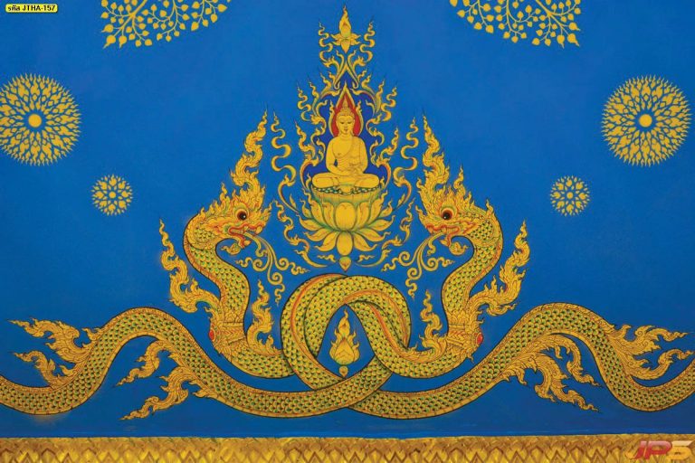 ภาพลายไทย พญานาคคู่สีทองพื้นหลังสีน้ำเงิน