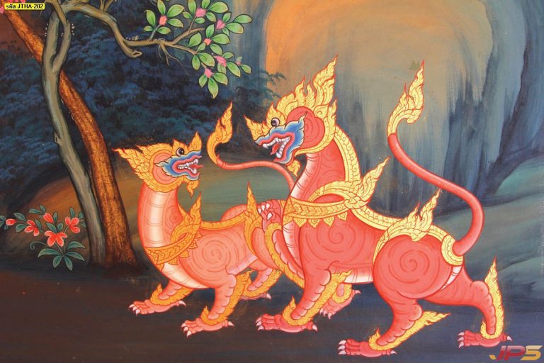 ภาพลายไทย สิงห์คู่สีแดง