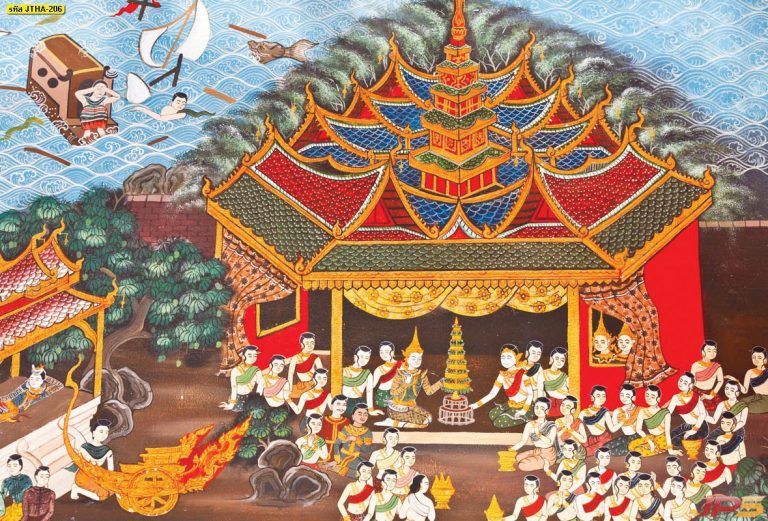 ภาพวาดจิตรกรรมไทย พื้นหลังสีฟ้า