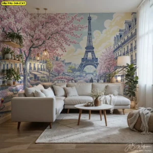 เปลี่ยนห้องด้วย Vintage Paris decor ภาพวาดหอไอเฟล วอลเปเปอร์วิวเมืองปารีส วอลเปเปอร์ติดผนัง ลายภาพวาดหอไอเฟล โรแมนติกที่ดูอบอุ่น
