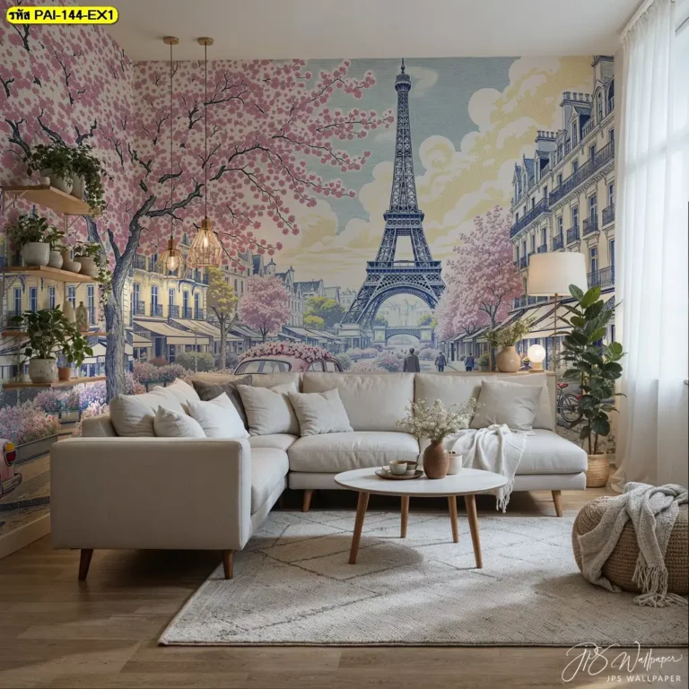 เปลี่ยนห้องด้วย Vintage Paris decor ภาพวาดหอไอเฟล วอลเปเปอร์วิวเมืองปารีส วอลเปเปอร์ติดผนัง ลายภาพวาดหอไอเฟล โรแมนติกที่ดูอบอุ่น
