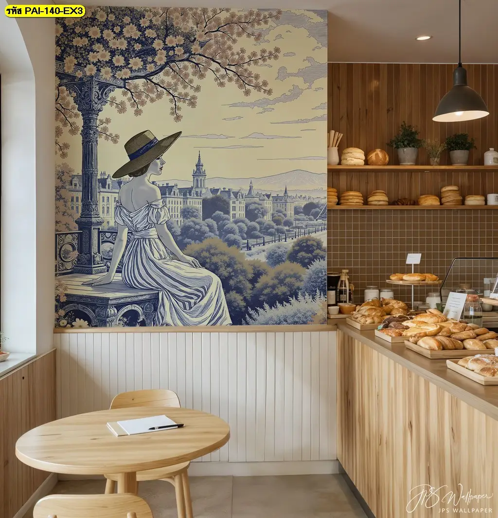 วอลเปเปอร์ติดผนังร้าน เบเกอรี่ คาเฟ่ สไตล์ฝรั่งเศส สร้างบรรยากาศอบอุ่นด้วยดีไซน์ ภาพวาดหอไอเฟล เมืองปารีส สไตล์ยุโรป สวยหรู