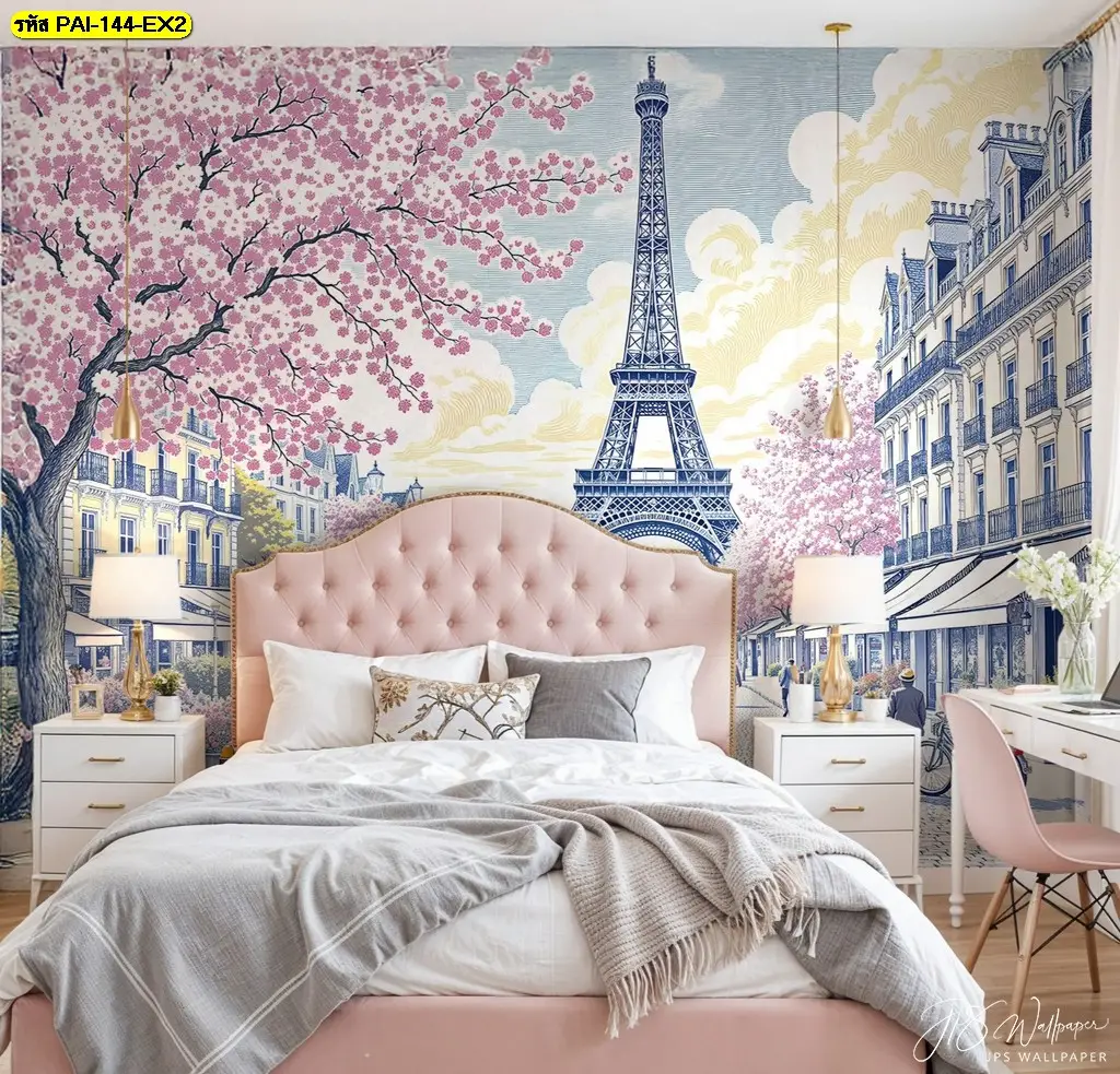 Eiffel Tower wall mural ดีไซน์ภาพวาดวินเทจ ให้ความรู้สึกย้อนยุค เหมาะเป็นวอลเปเปอร์ตกแต่งห้องนั่งเล่น สไตล์ยุโรป