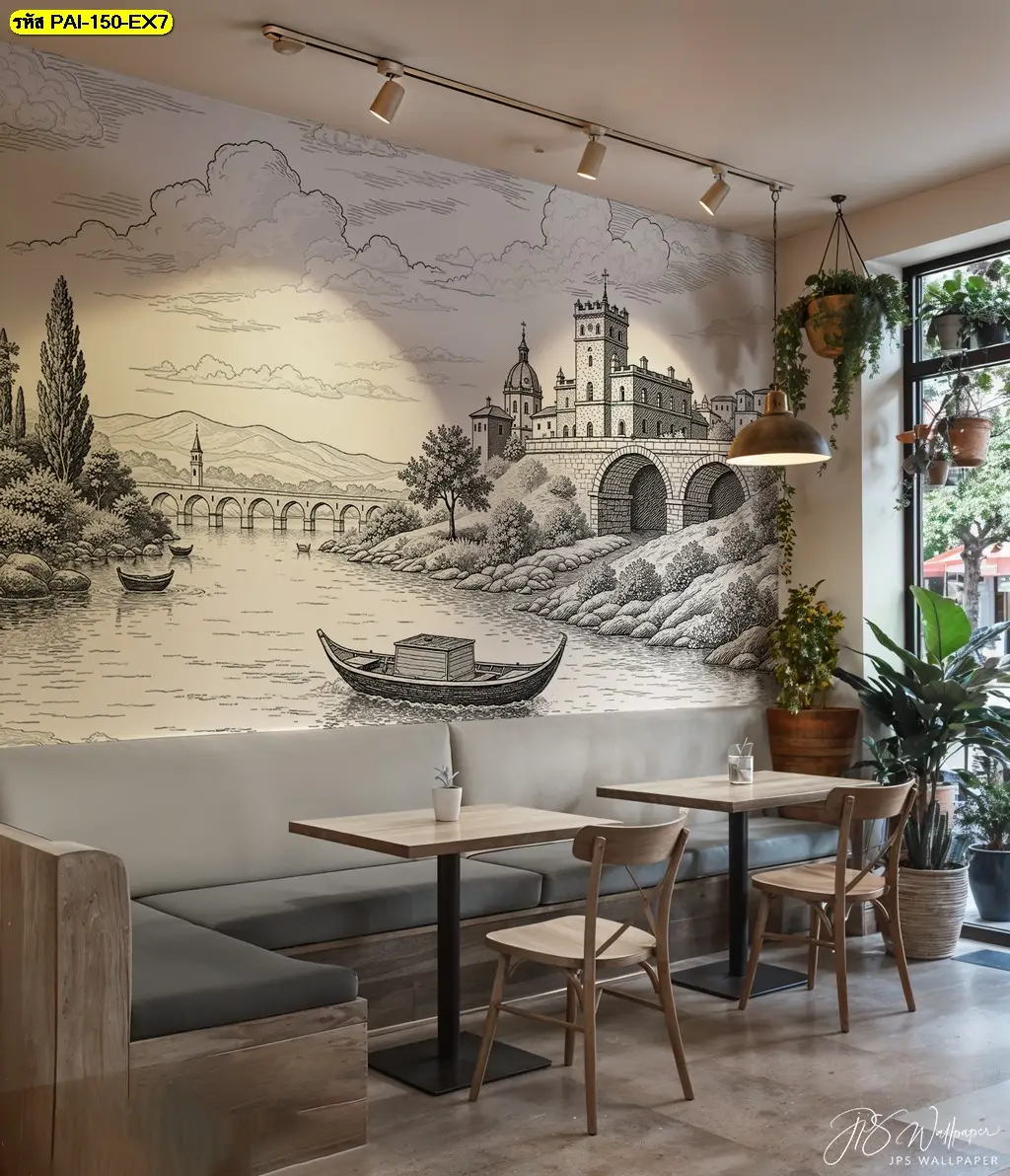 วอลเปเปอร์ติดผนังลายสถาปัตยกรรมเมืองยุโรป วินเทจเหมาะกับร้านหลากหลายสไตล์ ทั้งแบบคลาสสิคและโมเดิร์น