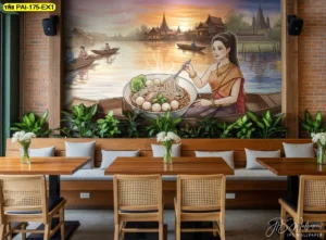 ภาพตกแต่งร้านก๋วยเตี๋ยวเรือสร้างบรรยากาศไทย ด้วยวอลเปเปอร์ลายตลาดน้ำย้อนยุค ทำให้ลูกค้ารู้สึกผ่อนคลาย