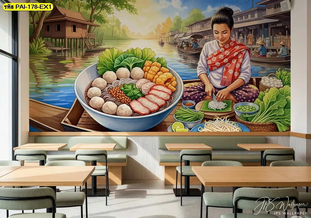 ตกแต่งผนังร้านก๋วยเตี๋ยว ลายไทยประยุกต์ด้วยภาพพิมพ์ขนาดใหญ่ ช่วยสร้างความแตกต่างและทำให้ร้านเป็นที่น่าจดจำของลูกค้ามากขึ้น