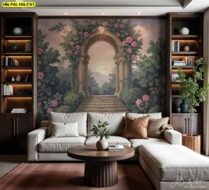 ตกแต่งผนังห้องนั่งเล่นด้วยภาพทิวทัศน์กับวอลเปเปอร์ติดผนังลายสวนสไตล์ยุโรป สร้างบรรยากาศหรูหรา เหมือนได้พักผ่อนท่ามกลางธรรมชาติ