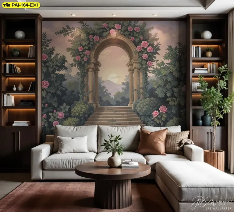 ตกแต่งผนังห้องนั่งเล่นด้วยภาพทิวทัศน์กับวอลเปเปอร์ติดผนังลายสวนสไตล์ยุโรป สร้างบรรยากาศหรูหรา เหมือนได้พักผ่อนท่ามกลางธรรมชาติ