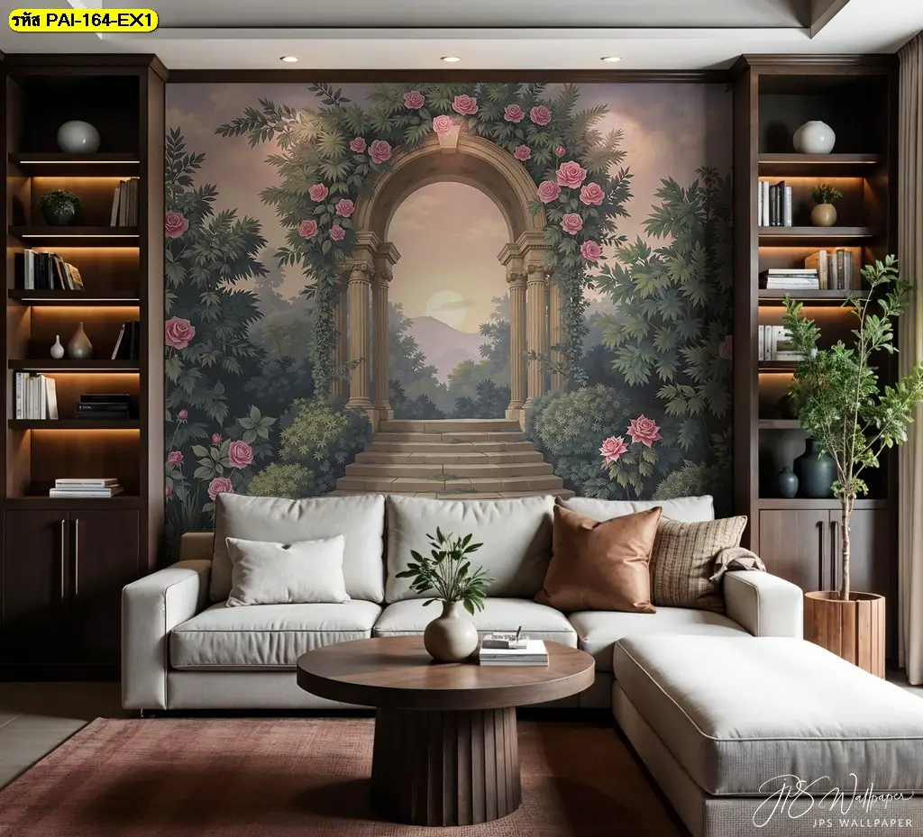 ตกแต่งผนังห้องนั่งเล่นด้วยภาพทิวทัศน์กับวอลเปเปอร์ติดผนังลายสวนสไตล์ยุโรป สร้างบรรยากาศหรูหรา เหมือนได้พักผ่อนท่ามกลางธรรมชาติ