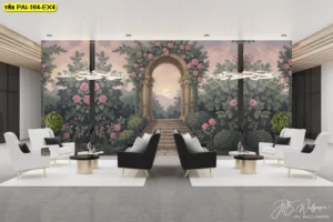 วอลเปเปอร์ลายสวนยุโรปคลาสสิกแต่งล็อบบี้ เป็น ภาพพิมพ์ติดผนังลายสวนดอกไม้วินเทจ สไตล์ยุโรป ที่ช่วยสร้างบรรยากาศหรูหราให้พื้นที่