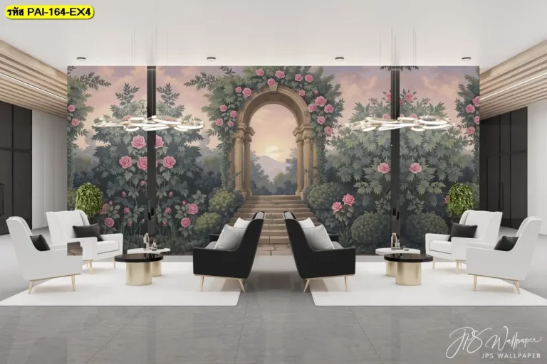 วอลเปเปอร์ลายสวนยุโรปคลาสสิกแต่งล็อบบี้ เป็น ภาพพิมพ์ติดผนังลายสวนดอกไม้วินเทจ สไตล์ยุโรป ที่ช่วยสร้างบรรยากาศหรูหราให้พื้นที่