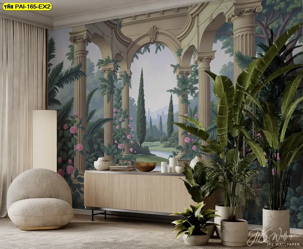 วอลเปเปอร์ลายสวนยุโรปแต่งห้องรับแขกที่เป็น ภาพวิวปราสาทเทพนิยายติดห้องนั่งเล่น ช่วยสร้างบรรยากาศแฟนตาซีชวนฝัน