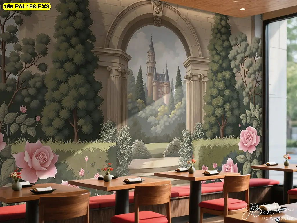 เปลี่ยนผนังเรียบด้วยวอลเปเปอร์ลายสวนยุโรปแต่งร้านคาเฟ่ ซึ่งเป็นรูปติดผนังลายสวนกุหลาบแต่งร้านสวยและดูโรแมนติก
