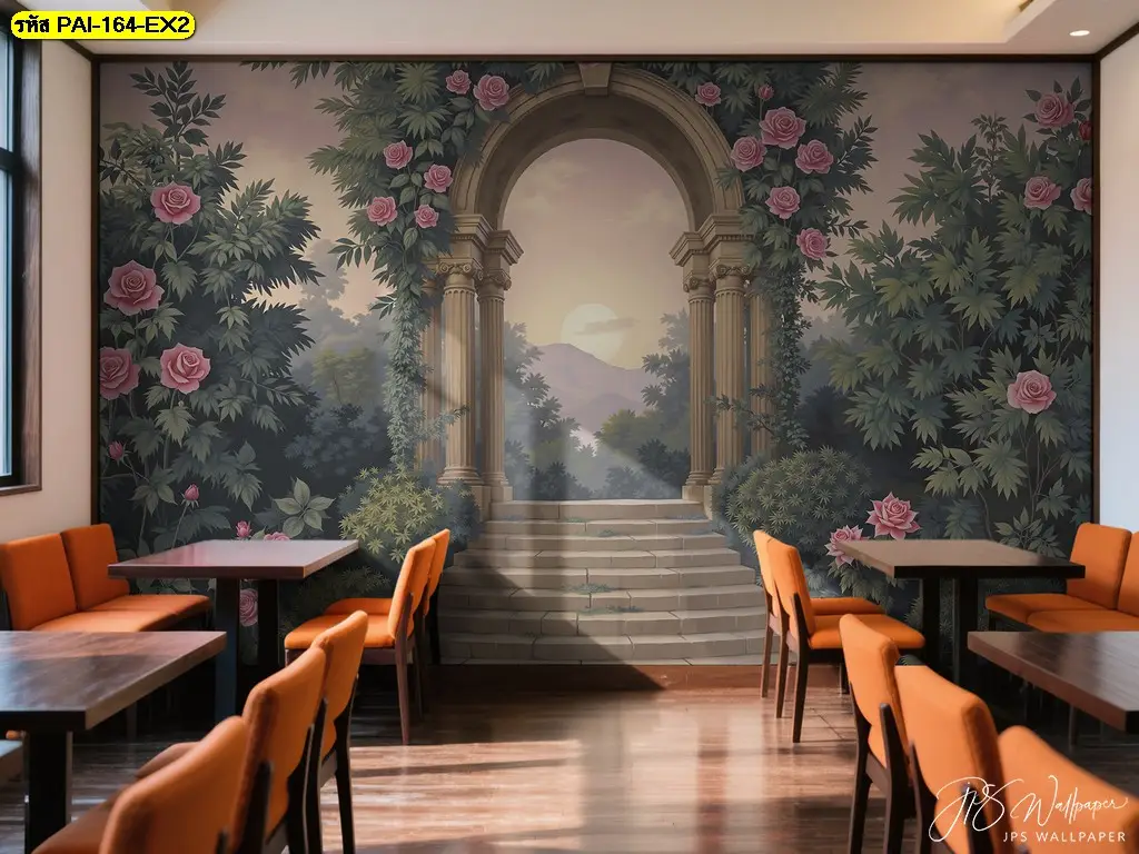 European cafe wallpaper ลายสวนสวยแบบ Vintage café mural เป็นวอลเปเปอร์สั่งพิมพ์คาเฟ่สไตล์ยุโรปที่สร้างความประทับใจให้ลูกค้า
