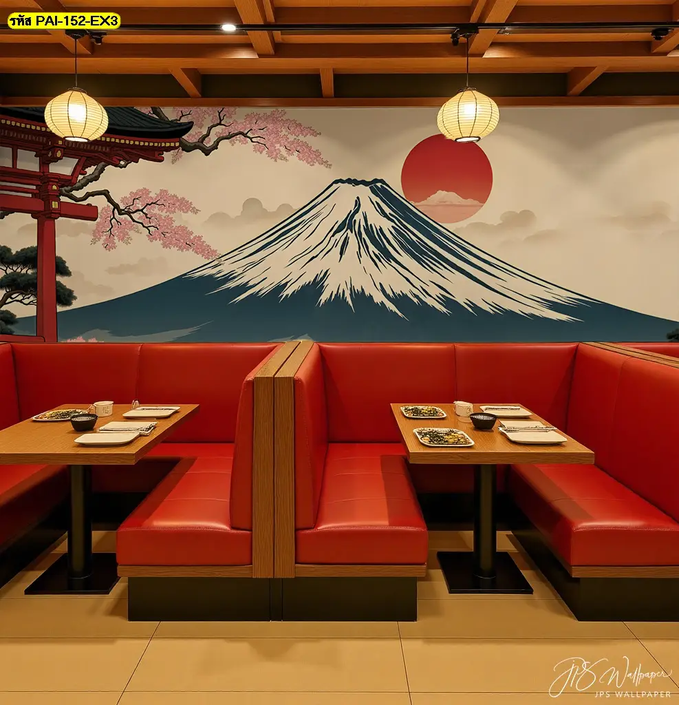 รูปภาพติดผนังญี่ปุ่น วอลเปเปอร์ลายภูเขาไฟฟูจิ สำหรับร้านซูชิที่เป็น Fuji sakura cat wall decor ช่วยดึงดูดลูกค้า 