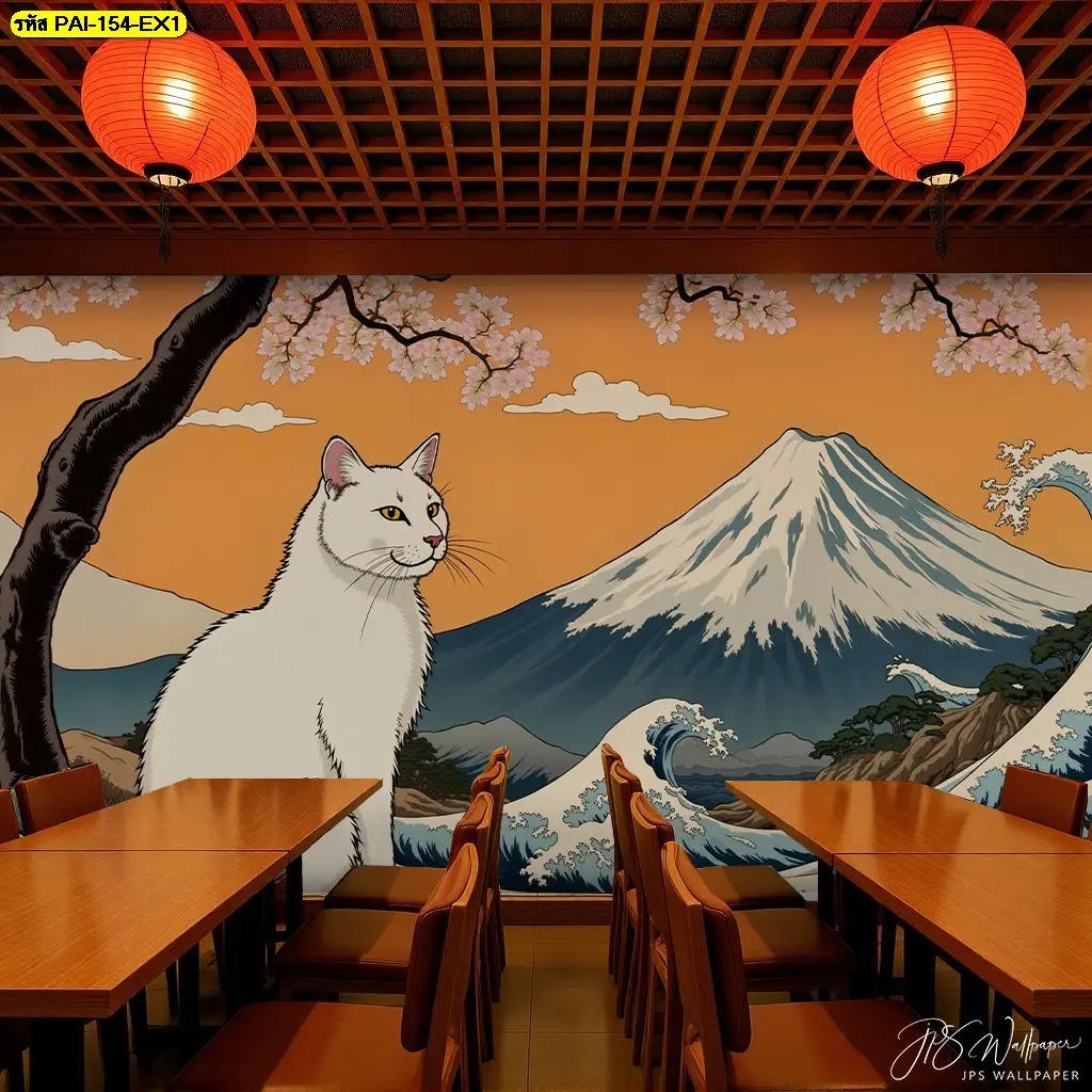 เปลี่ยนผนังร้านให้เป็นงานศิลปะด้วย วอลเปเปอร์ลายแมวนำโชค ตกแต่งร้านอาหารญี่ปุ่น ที่เป็น Japanese restaurant cat wallpaper