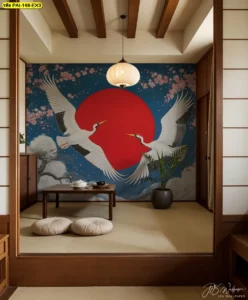 สร้างสรรค์ผนังสวยด้วยวอลเปเปอร์สั่งพิมพ์ภาพนกกระเรียนคู่ Custom print Japanese art wallpaper สำหรับไอเดียตกแต่งบ้านสไตล์ญี่ปุ่น