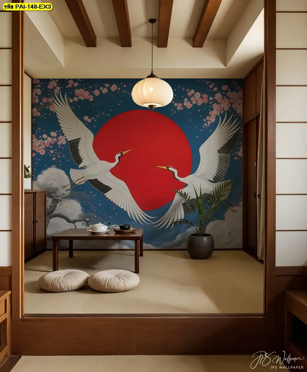 สร้างสรรค์ผนังสวยด้วยวอลเปเปอร์สั่งพิมพ์ภาพนกกระเรียนคู่ Custom print Japanese art wallpaper สำหรับไอเดียตกแต่งบ้านสไตล์ญี่ปุ่น