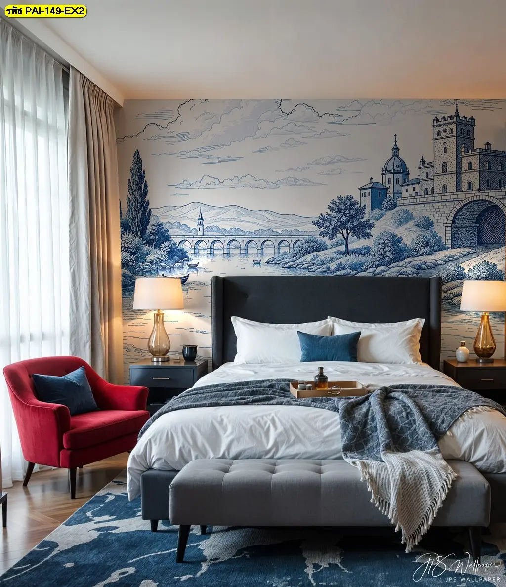 ยกระดับการแต่งห้องด้วย Blue and white classic castle mural ที่หัวเตียง สร้างบรรยากาศหรูหราเหมือนพักในคฤหาสน์ยุโรป