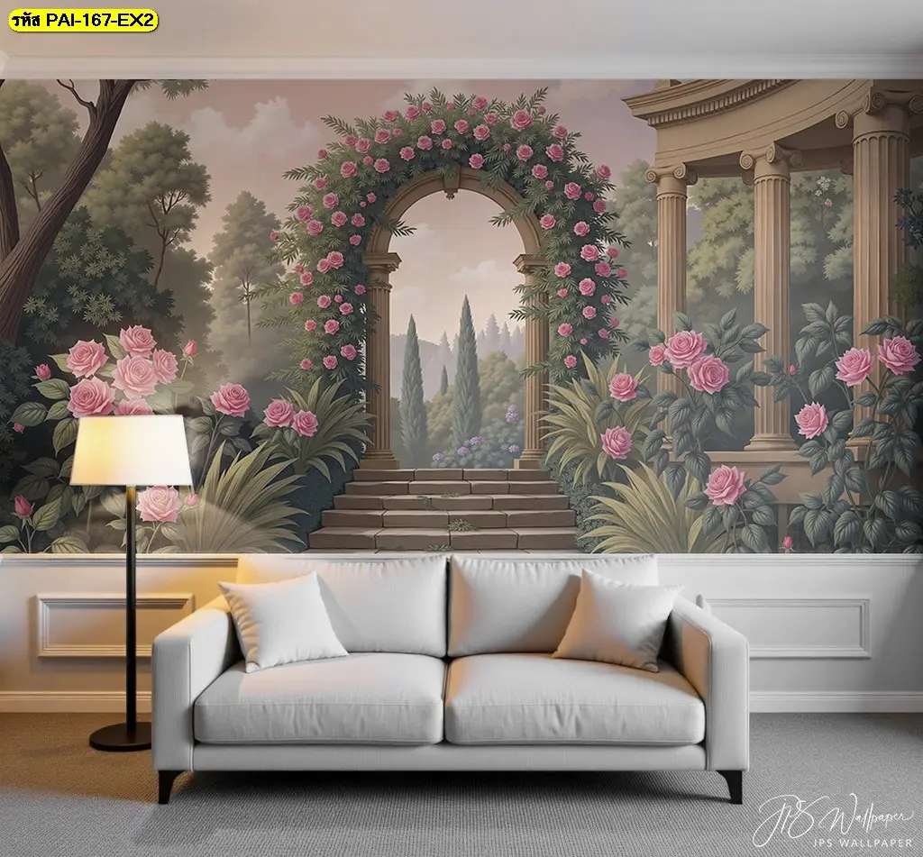 สร้างโลกในจินตนาการด้วยวอลเปเปอร์ลายสวนยุโรปวินเทจ ติดห้องนั่งเล่นแบบ Fantasy castle mural ที่สวยงาม