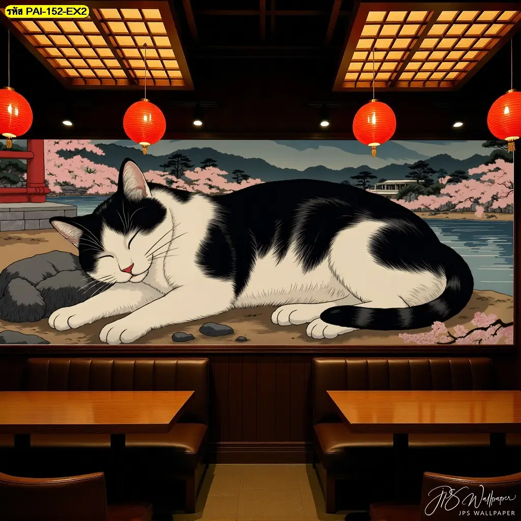 ตกแต่งร้านอาหารญี่ปุ่นสไตล์ภาพวาดแมวญี่ปุ่น ด้วยวอลเปเปอร์ลายแมวนอนหลับแต่งร้านอาหาร ให้ความรู้สึกผ่อนคลายและเป็นกันเอง