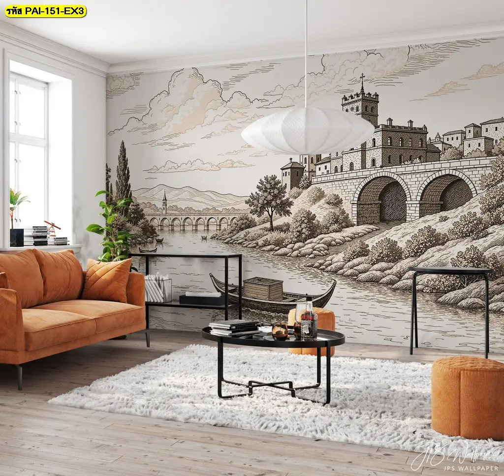 European landscape sketch wallpaper ที่มีลายเส้นละเอียดเหมาะสำหรับตกแต่งผนังห้องทำงานและสร้างบรรยากาศที่เป็นกลางและสร้างสรรค์