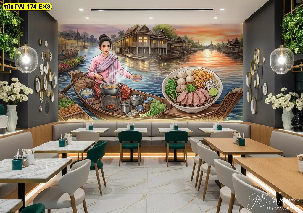 ตกแต่งผนังร้านก๋วยเตี๋ยวเรือไทยโมเดิร์น ภาพวอลเปเปอร์สั่งพิมพ์สร้างเอกลักษณ์ให้ร้าน จุดเด่นสำหรับดึงดูดลูกค้าคออาหารไทยดั้งเดิม