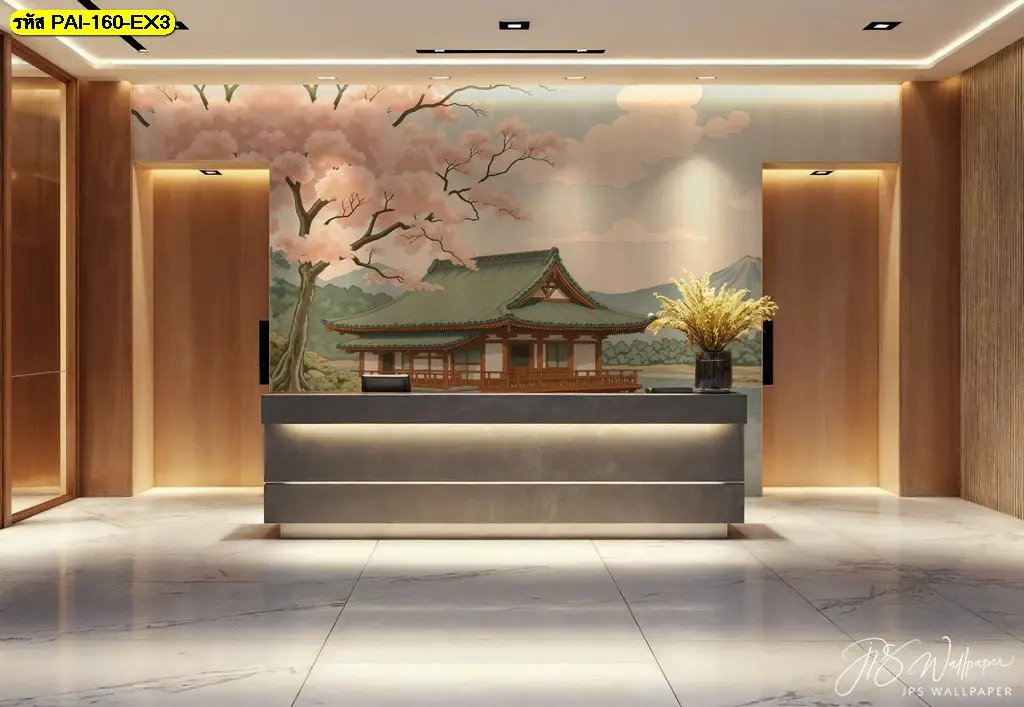 สร้างบรรยากาศด้วย Mount Fuji cherry blossom wallpaper ที่เป็นภาพพิมพ์ติดผนังวัดญี่ปุ่นริมน้ำ ให้ความรู้สึกสงบ
