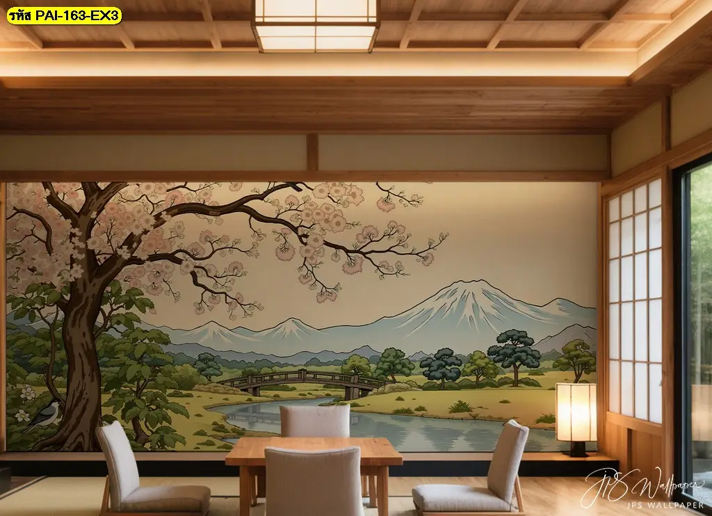 ตกแต่งร้านอาหารญี่ปุ่นสไตล์คลาสสิคด้วย Japanese restaurant wall mural ซึ่งเป็นภาพวาดทิวทัศน์ญี่ปุ่นติดผนัง
