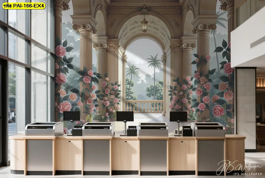 Luxury lobby mural ที่เป็นวอลเปเปอร์สั่งพิมพ์ลายสวนสวยโรแมนติก เหมาะสำหรับเป็นรูปภาพติดผนังสำหรับล็อบบี้คอนโด บริษัท
