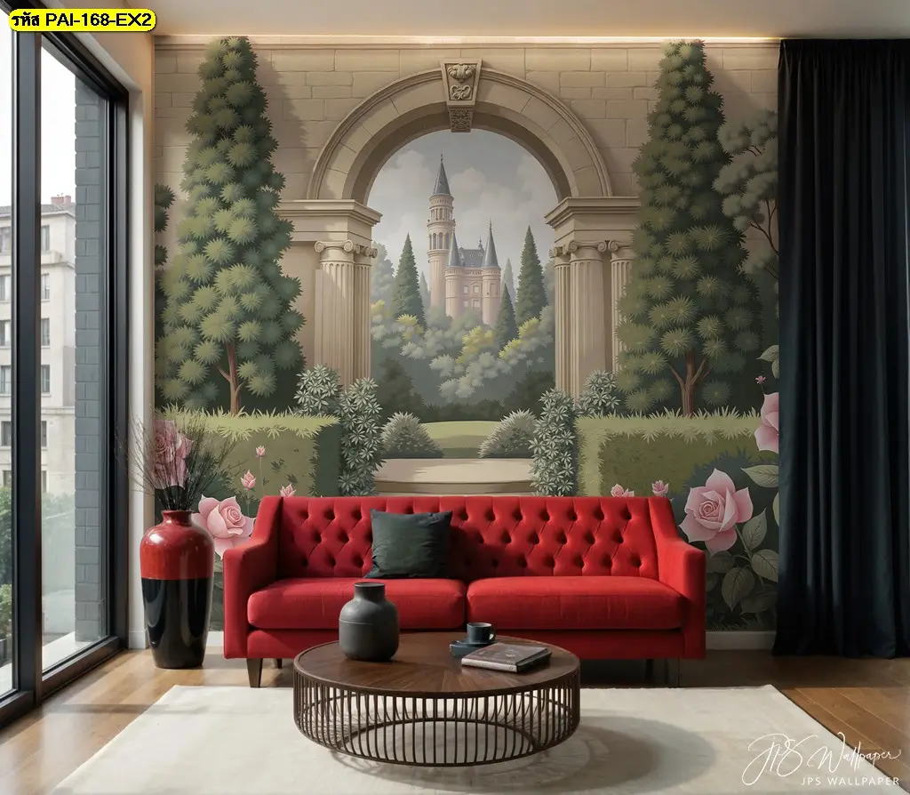 European garden wallpaper เป็นวอลเปเปอร์ภาพลวงตาสร้างมิติให้ห้อง ทำให้ห้องนั่งเล่นของคุณดูกว้างและโปร่งโล่งสบายตา
