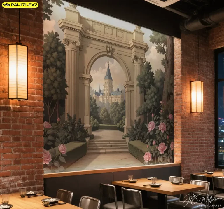 วอลเปเปอร์ลายสวนยุโรปแต่งร้านคาเฟ่และภาพติดผนังลายปราสาทวินเทจสำหรับคาเฟ่ช่วยสร้างบรรยากาศให้ร้านดูโดดเด่น