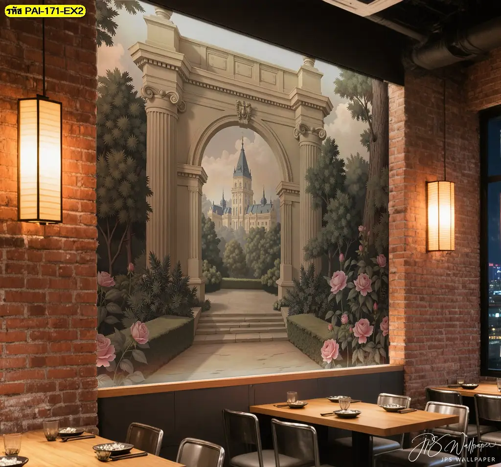วอลเปเปอร์ลายสวนยุโรปแต่งร้านคาเฟ่และภาพติดผนังลายปราสาทวินเทจสำหรับคาเฟ่ช่วยสร้างบรรยากาศให้ร้านดูโดดเด่น