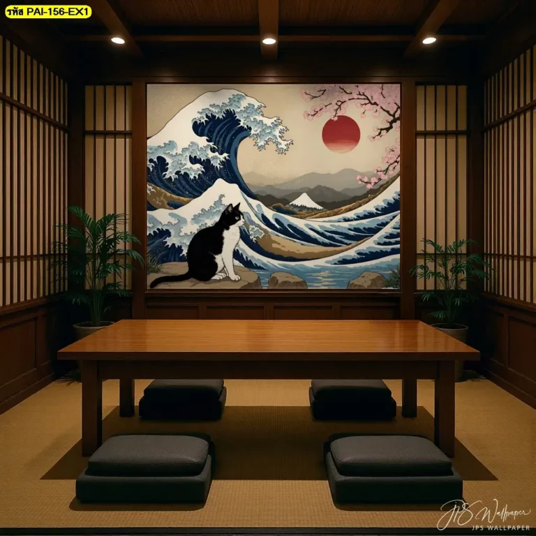 สร้างบรรยากาศร้านให้พิเศษด้วย Mount Fuji and cat art wallpaper for restaurant ที่มีภาพแมวน่ารักและองค์ประกอบศิลป์แบบญี่ปุ่น