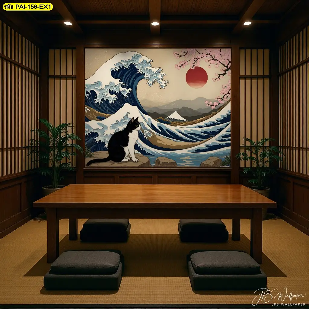 สร้างบรรยากาศร้านให้พิเศษด้วย Mount Fuji and cat art wallpaper for restaurant ที่มีภาพแมวน่ารักและองค์ประกอบศิลป์แบบญี่ปุ่น