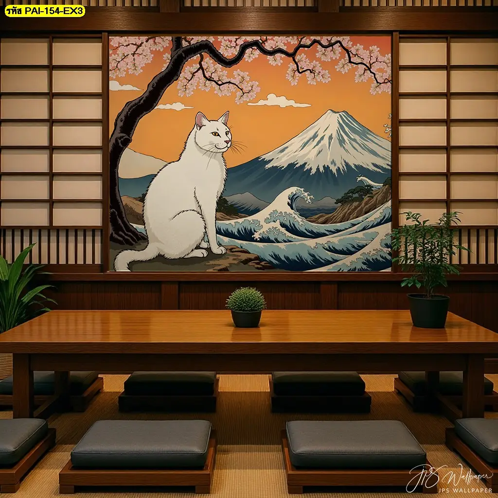 วอลเปเปอร์ลายแมวนำโชค แต่งร้านอาหารญี่ปุ่น ผสานภาพแมวกวักกับภูเขาไฟฟูจิ เป็น Ukiyo-e style wall mural ที่ช่วยเสริมโชคลาภ