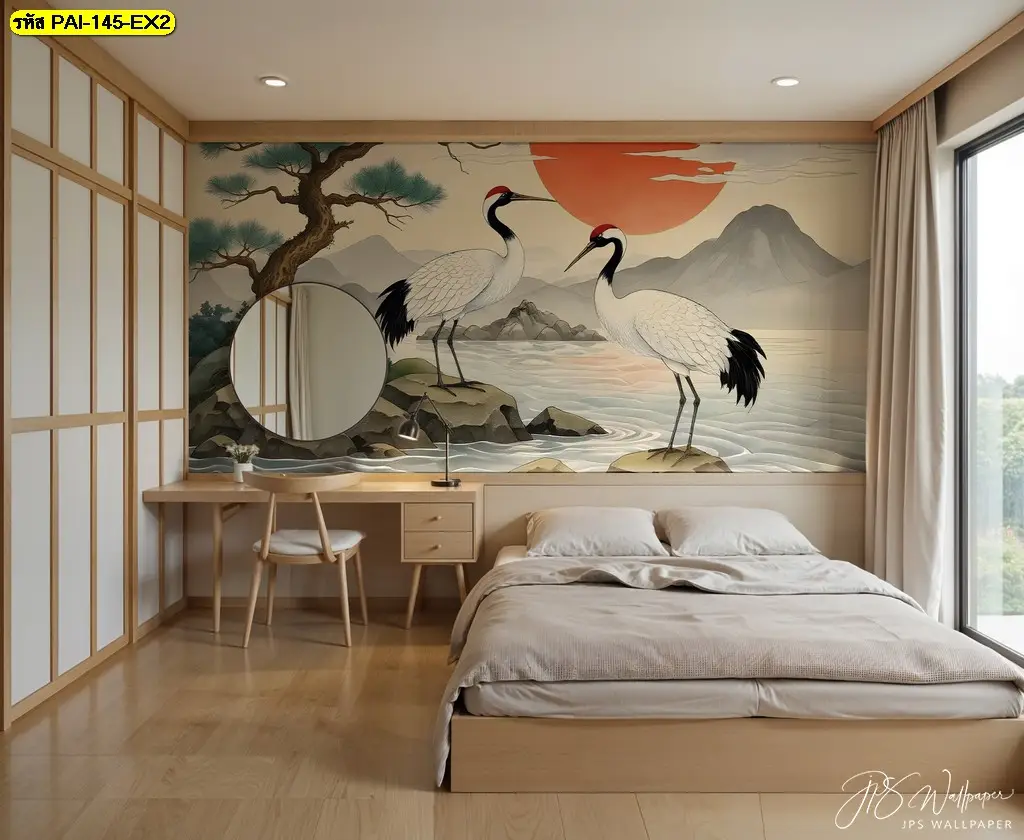Minimalist Japanese wall mural เป็นตัวเลือกที่ดีสำหรับภาพติดผนังหัวเตียงลายธรรมชาติในห้องนอนสไตล์โมเดิร์น