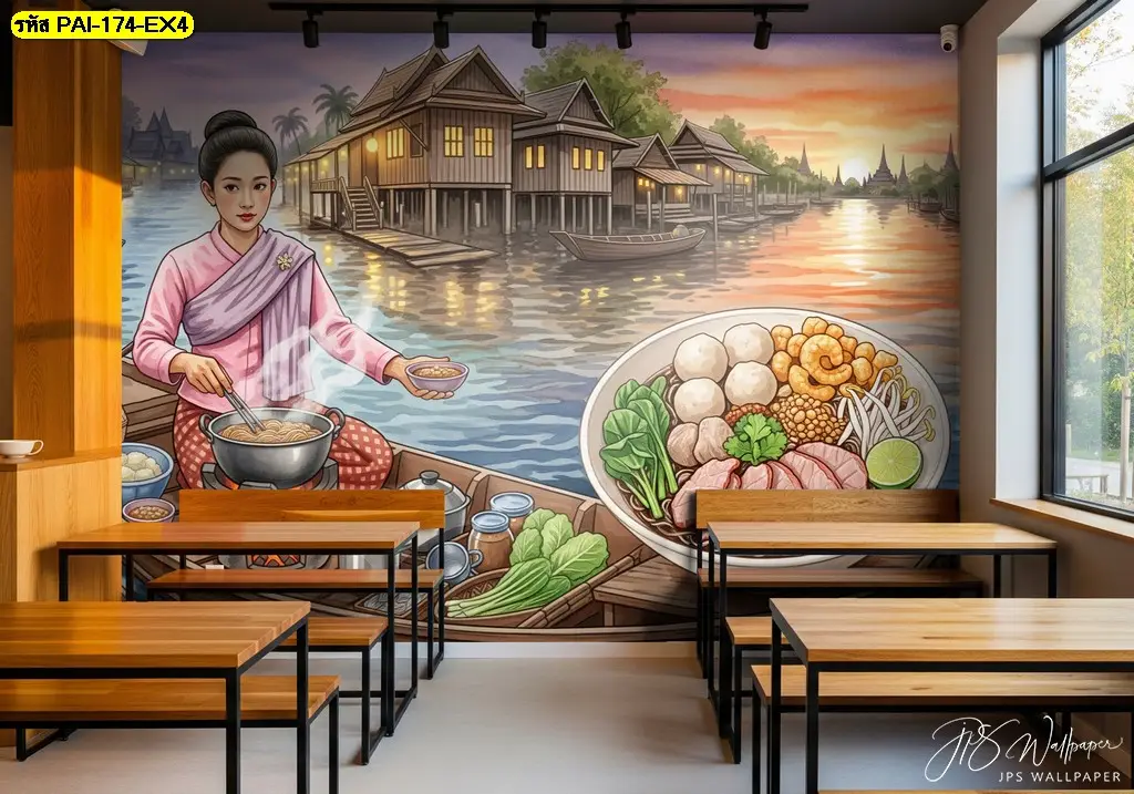 วอลเปเปอร์ร้านก๋วยเตี๋ยวเรือสวยๆ แสดงรายละเอียดวัตถุดิบสดใหม่ ชูจุดขายความเป็นไทยและช่วยสร้างความน่าจดจำในสายตาลูกค้า