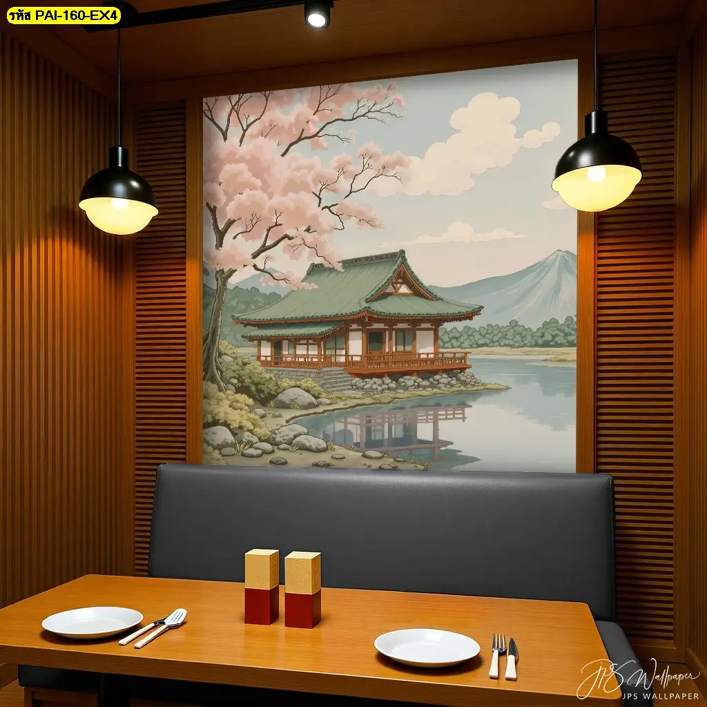 ตกแต่งร้านอาหารญี่ปุ่น บรรยากาศดีด้วย Japanese landscape wall mural ที่เป็นวอลเปเปอร์วิวธรรมชาติสวยงามริมน้ำ