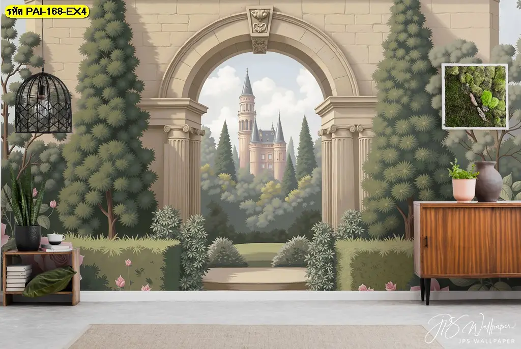 ตกแต่งห้องนั่งเล่นด้วยภาพวิวปราสาทแบบ Fantasy castle mural ที่เป็นภาพติดผนังลายปราสาทในสวนสวยดูมีเอกลักษณ์
