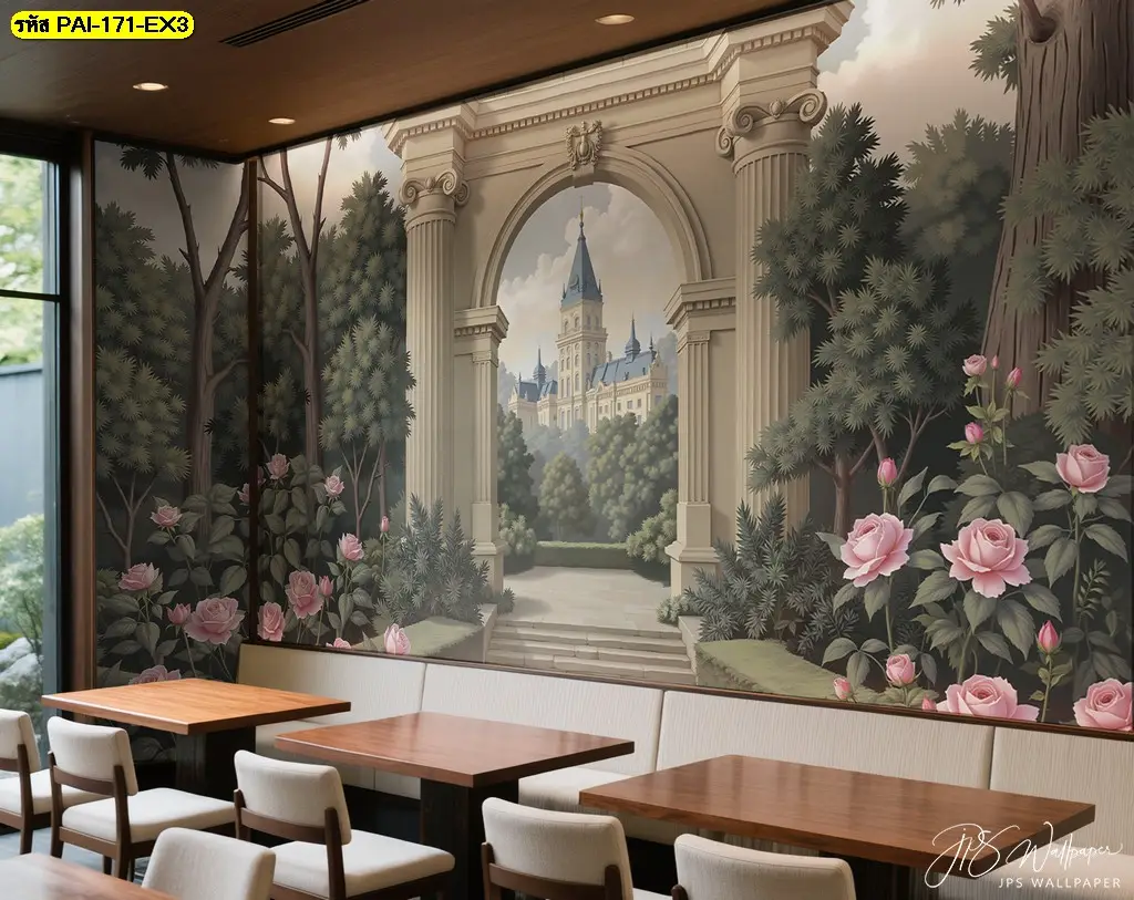 วอลเปเปอร์ภาพลวงตาสร้างมิติให้ร้านกาแฟ เป็น European garden mural ที่ช่วยทำให้พื้นที่ภายในร้านดูกว้างและโปร่งโล่ง
