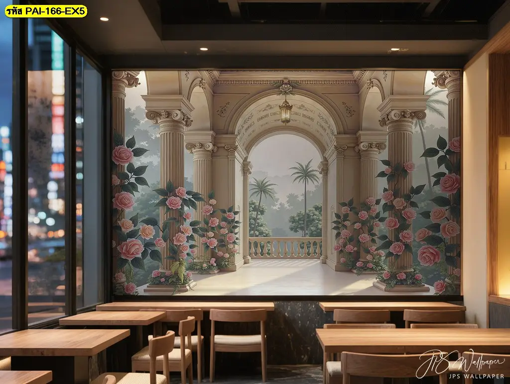 เลือกวอลเปเปอร์คาเฟ่ถ่ายรูปสวยสั่งทำ ดีไซน์สวนยุโรปคลาสสิกแบบ Vintage café mural เพื่อเพิ่มความหรูหราให้ผนังร้านกาแฟของคุณ
