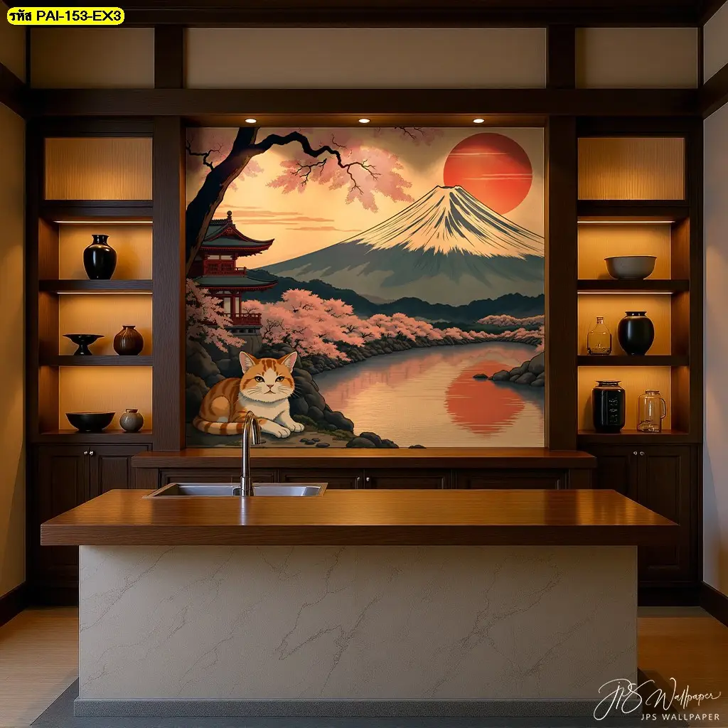 ตกแต่งผนังร้านด้วย Custom print mural Japan modern style รูปแมวกับภูเขาไฟฟูจิที่สามารถสั่งพิมพ์ได้ตามขนาดที่ต้องการ 