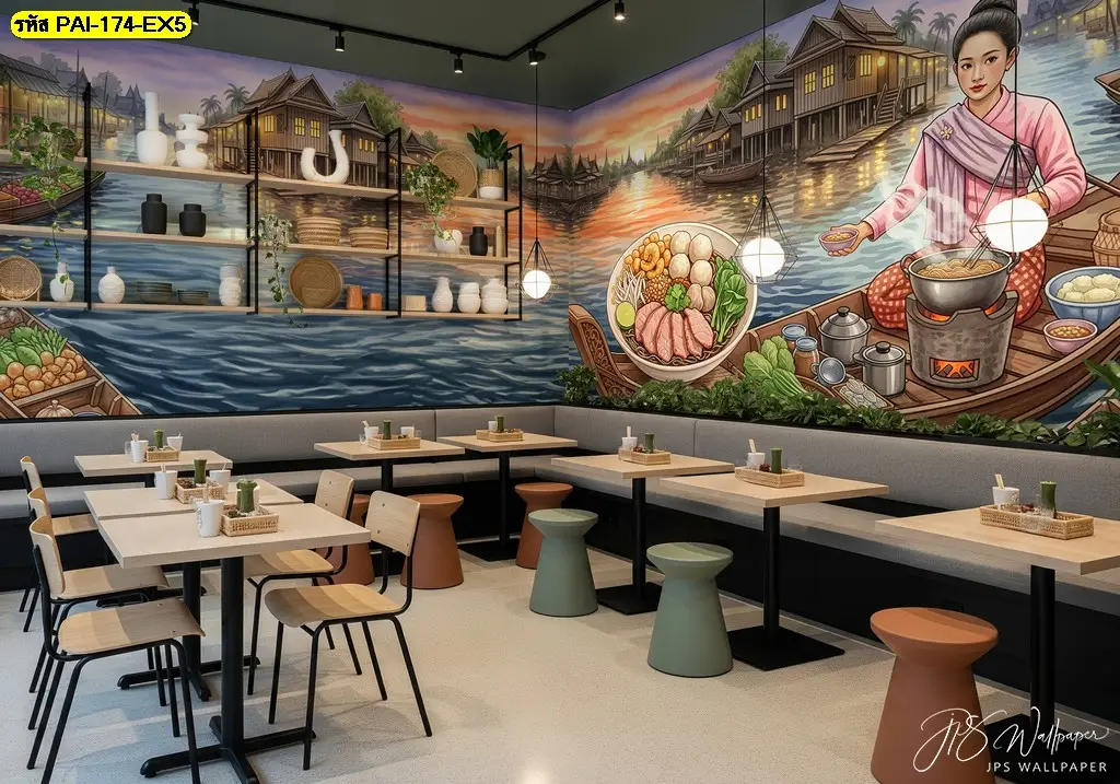 วอลเปเปอร์ร้านก๋วยเตี๋ยวเรือสวยๆ บรรจงออกแบบลายผนังให้ทันสมัยและน่าถ่ายรูป ช่วยสร้างแบรนด์ร้านอาหารให้โดดเด่น